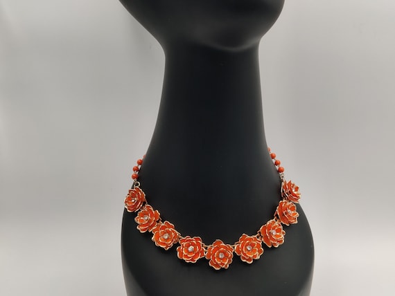 ORANGE Open Petal  Flower Necklace with Rhineston… - image 2