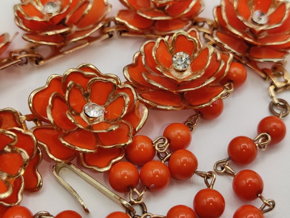 ORANGE Open Petal  Flower Necklace with Rhineston… - image 7