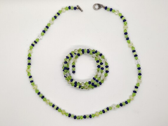 Spring Green and Cobalt Mixed Beaded Necklace and… - image 8