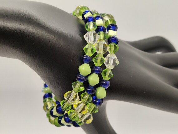 Spring Green and Cobalt Mixed Beaded Necklace and… - image 5