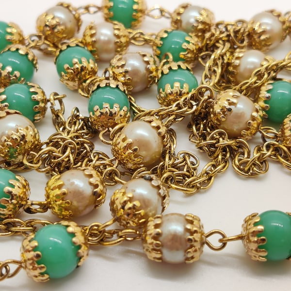 Fancy Double Capped faux Pearl and Jade gold LONG necklace