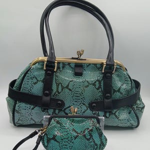 May include: A teal and black handbag and matching coin purse set. The handbag has a snakeskin pattern, black handles, and a gold-colored clasp. The coin purse has a wrist strap and a similar snakeskin pattern. The set is displayed on a clear surface.