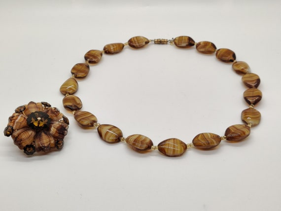 Czech Tiger Eye Glass Necklace and Brooch Set - image 5