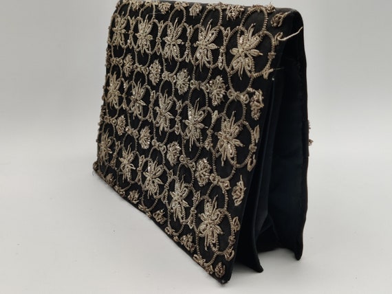 1930s Fancy Black Satin Embroidered Evening Handb… - image 4