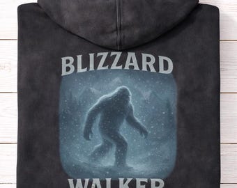 Blizzard Walker Bigfoot Hoodie – Winter Cryptid Back Print, Snow Sasquatch Design, Comfort Colors Hoodie