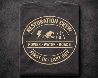 Restoration Crew Shirt – Power • Water • Roads Crew Tee – First In Last Out Utility Work Gift – Comfort Colors Back Print T-shirt