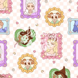 May include: A repeating pattern featuring framed illustrations of women, a goat-like creature, and a person with a horse. The frames are in various colours, including pink, purple, and green, set against a light pink checkered background.