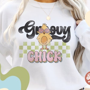 Groovy chick PNG, hippie retro sublimation design, funny easter chicken cut file