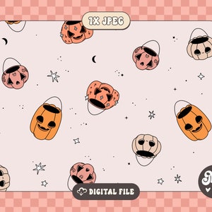 Pumpkin baskets retro seamless pattern for the tumbler, Groovy Halloween digital paper, Autumn celestial sublimation pattern