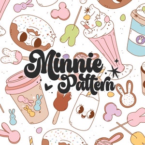 Peut inclure: Un motif sans couture avec des illustrations sur le thème de Minnie Mouse. Le motif comprend des beignets, des cupcakes, des milkshakes et des oreilles de lapin. Le texte "Minnie Pattern" est présenté au centre du design.