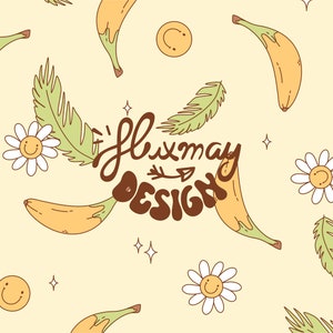 Motif répétitif sans couture banane - conception de tissu groovy rétro bananes pour la sublimation, des visages souriants et du papier numérique de fleurs de marguerite