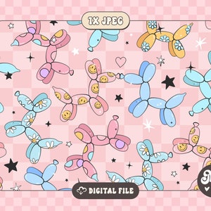 May include: A seamless pattern featuring colorful balloon animal dogs with smiley faces, flowers, and stars on a pink checkered background. The pattern is perfect for digital printing on fabric, paper, or other surfaces.