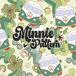 May include: A seamless pattern featuring green and white vintage vans, shamrocks, rainbows, and stars on a light green background. The text "Minnie Pattern" is written in a stylized font.