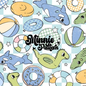 Retro summer seamless paper, boy swimming pool floats repeat pattern for sublimation, groovy summer tumbler printable