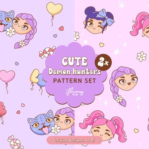 Cute Kpop Demon Hunters Seamless Pattern | Girls Huntrix Repeating | K Pop Valentine Digital Paper | Seamless File for Fabric Sublimation