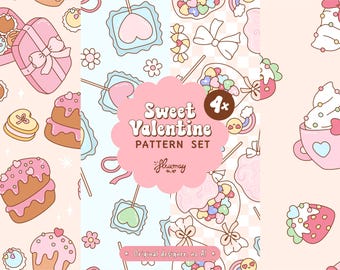 Sweet Valentine naadloze patroonset, Valentijnsdag traktaties digitaal papier, Pastel Valentine herhalend bestand, romantische harten print bundel
