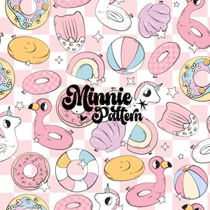 Retro Summer swimming pool pattern for tumbler. Unicorns, and flamingo pool floats seamless pattern for girls. Groovy seamless digital paper