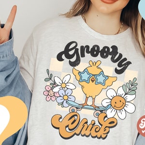 Diseño de sublimación PNG de pollitos geniales, archivo imprimible retro de primavera de Pascua, pollo fresco en una patineta