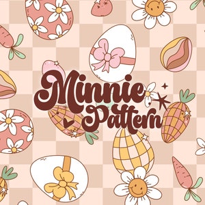 May include: A seamless pattern featuring a variety of pastel-colored Easter eggs, carrots, and flowers. The text "Minnie Pattern" is written in a whimsical font.
