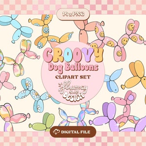 Ballon honden clipart bundel, Groovy afdrukbare stickers ontwerp, honden ballonnen sublimatie