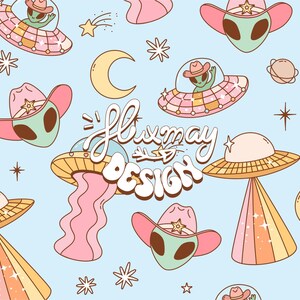 Groovy Retro Cowboys and Aliens Seamless Pattern, Cowboy Disco Alien Repeated File for tumbler, Western UFO Pattern JPEG