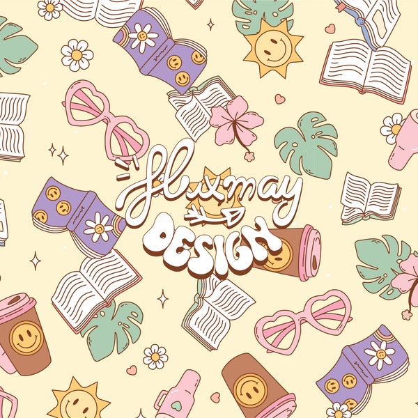 Bookish Summer seamless repeating pattern - retro fabric design for sublimation, book lovers digital paper