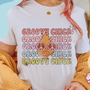 Groovy chick PNG, hippie retro sublimation design, funny easter chicken t-shirt print