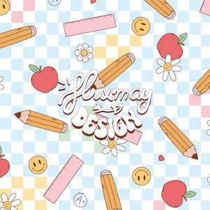 Motif répétitif sans couture Groovy School - Tissu rétro groovy pour la rentrée scolaire à sublimation | Impression numérique enseignant