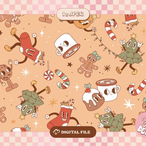 Retro-Weihnachts-nahtloses Muster, groovy niedliches Weihnachtsstoffdesign, Winterurlaub wiederholendes Muster, lustiges xmas-nahtloses Muster