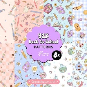 May include: A collection of eight digital patterns featuring Y2K-inspired school supplies, including pens, pencils, notebooks, backpacks, and science equipment. The designs incorporate pastel colors, smiley faces, stars, and flowers on checkered backgrounds.