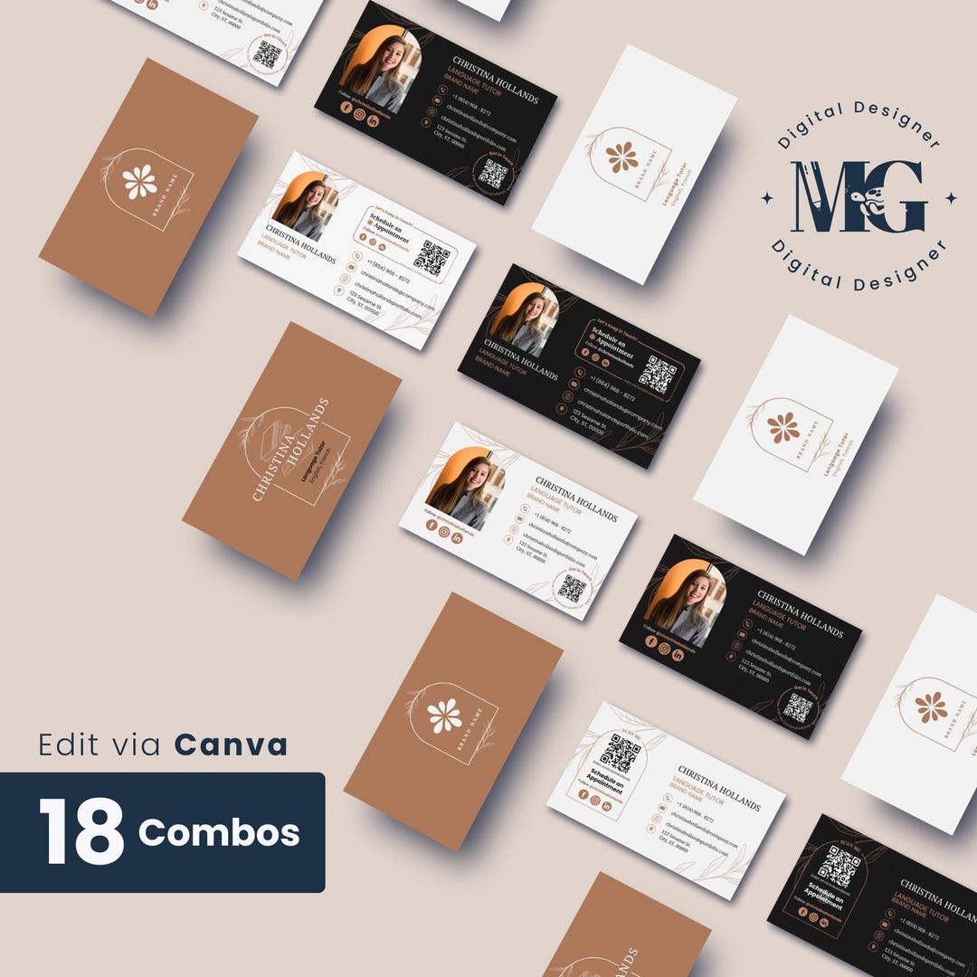 Photo, QR Code Business Card Templates Minimal, Floral Call Cards ...