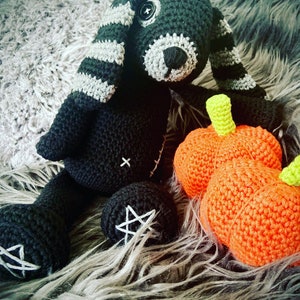 May include: A black crochet bunny with grey and white striped ears and a button eye. The bunny has a white pentagram on its foot and is next to two orange crochet pumpkins with green stems. The items are on a grey, fluffy surface.