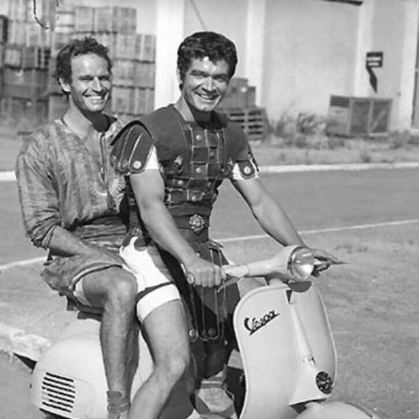 Charlton Heston & Stephen Boyd on scooter on set of Ben Hur Classic Retro Picture Poster Photo Print