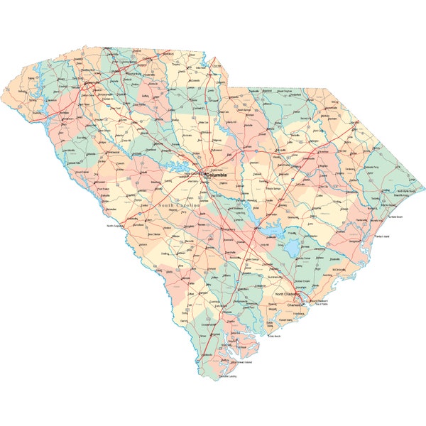 High Detail Map of South Carolina SC State Road Map City Wall Print Picture Poster Photo Print