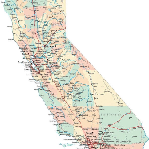 High Detail Map of California State Road Map City Wall Print Picture Poster Photo Print