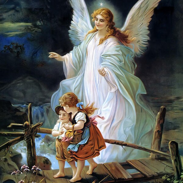 Guardian Angel Watching over Children on Bridge Art Drawing Pictue Poster Photo Print