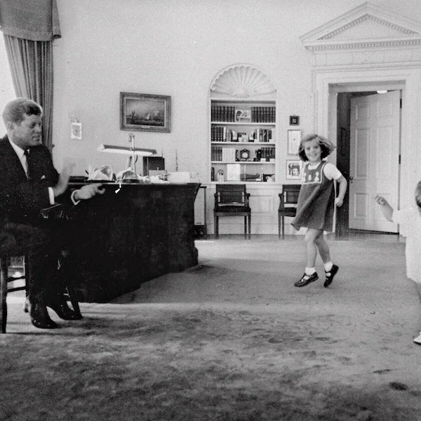 President John Kennedy in Oval Office w Kids Caroline & JFK JR Classic Retro Vintage Retro Poster Picture Photo Print