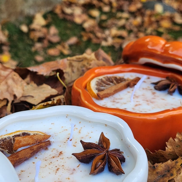 Bougie citrouille - Halloween- Automne - Naturelle à la cire de Soja et poudre de mica- composée de Cannelle, anis étoilé et citron séché