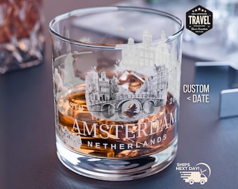 Amsterdam Custom Date Bourbon Glass Whiskey Glass Rock Glass Whiskey Lover Gift Themed Whiskey Glasses Old Fashioned Glasses Travel Gifts