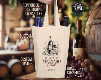 May include: A white canvas wine tote bag with reinforced stitching on the handles. The bag features a black and white illustration of a wine bottle and glass with grapes and the text "Williams Vineyard Club EstD 2024".