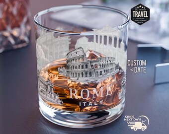 Rome Custom Date Bourbon Glass Whiskey Glass Rock Glass Whiskey Lover Gift Themed Whiskey Glasses Old Fashioned Glasses Travel Gifts