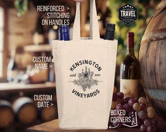 May include: A white canvas wine tote bag with reinforced stitching on the handles. The bag features a black and white logo with the text "Kensington Vineyards estd. 2024". The bag has boxed corners.