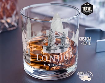 London Custom Date Bourbon Glass Whiskey Glass Rock Glass Whiskey Lover Gift Themed Whiskey Glasses Old Fashioned Glasses Travel Gifts