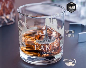 Paris Custom Date Bourbon Glass Whiskey Glass Rock Glass Whiskey Lover Gift Themed Whiskey Glasses Old Fashioned Glasses Travel Gifts