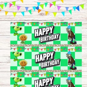 Kit de fête inspiré des plantes contre les zombies à imprimer.  Emballages de bouteilles, décorations de cupcakes, plaques nominatives, cartes de remerciement et poster