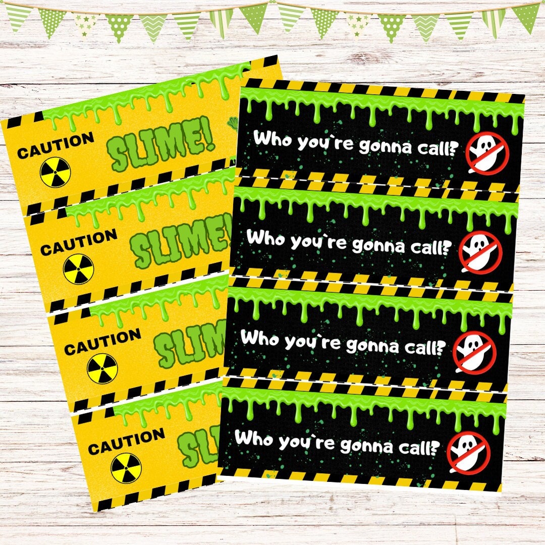 Ghostbusters inspired party kit for printing.  Bottle wraps, name tags, thank you cards