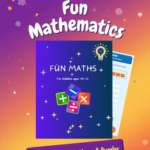 Puede incluir: Una colorida portada de libro titulada "Fun Mathematics" para niños de 10 a 12 años. Muestra el texto "Fun Maths" y símbolos matemáticos. La portada también incluye el texto "For children ages 10-12" y una pancarta que dice "20 Pages of Games, Mazes & Puzzles".