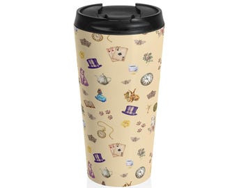 Caneca Térmica Wonderland | Copo Térmico de Aço Inoxidável | Caneca para Festa do Chá com o Gato de Cheshire | Presente para Amantes de Livros | Caneca de Café Divertida