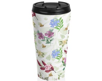 Bicchiere termico Botanical Bees da 440 ml / Tazza da viaggio isolata con motivo floreale / Tazza in acciaio inossidabile con fiori selvatici / Regalo per amanti della natura