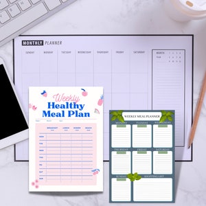 Może przedstawiać: Drukowany tygodniowy plan posiłków z różowym tłem i kolorowymi ilustracjami owoców. Plan zawiera sekcje na śniadanie, obiad, kolację i przekąski. Tekst "Weekly Healthy Meal Plan" jest w kolorze niebieskim i białym.